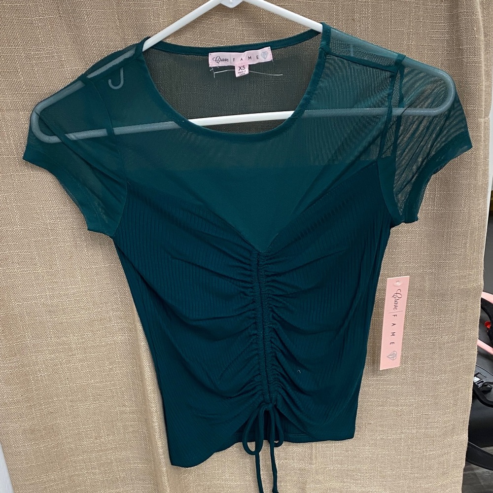 Crave Fame Teal Ruched Tie-Front Mesh Yoke Crop Top